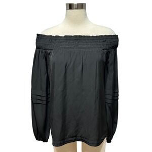 Ramy‎ Brook Aggie Off The Shoulder Smocked Neckline Blouse Womens M Black Chic